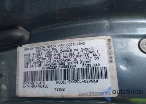 2000 Toyota Camry Le из США, поврежденный, VIN 4T1BG22K1YU988968